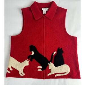 Vintage Coldwater Creek Size Large Boiled Wool Cat Lady Vest Red Kittens